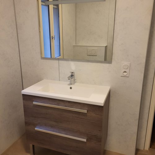 Réfection salle de bain: douche complète, radiateur sèche-serviette électrique, wc, meuble de salle de bain complet avec son miroir, panneaux muraux de finition, carrelage