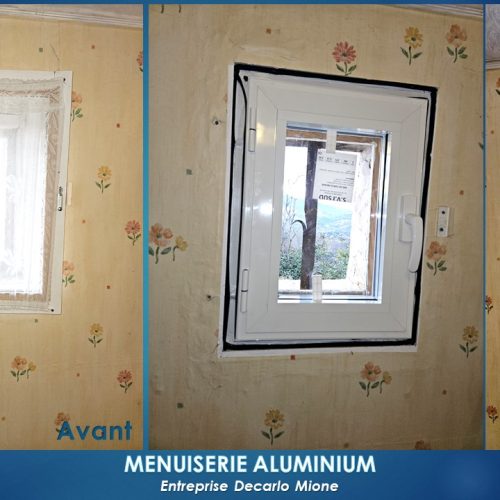 Fenêtre un vantail en aluminium, de couleur laqué blanc pur RAL 9010, pose en rénovation avec couvre joint intérieur et cornière d’habillage extérieur