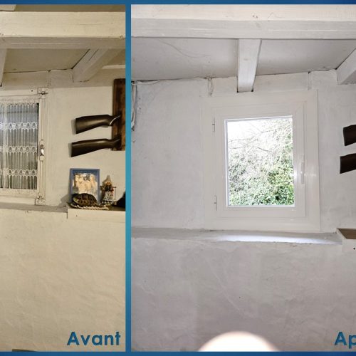 Fenêtre un vantail en aluminium, de couleur laqué blanc pur RAL 9010, pose en rénovation avec couvre joint intérieur et cornière d’habillage extérieur