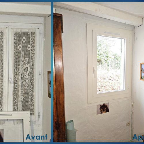 Fenêtre un vantail en aluminium, de couleur laqué blanc pur RAL 9010, pose en rénovation avec couvre joint intérieur et cornière d’habillage extérieur