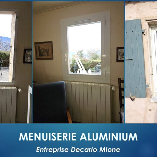 Fenêtre un vantail en aluminium, de couleur laqué blanc pur RAL 9010, pose en rénovation avec couvre joint intérieur et cornière d’habillage extérieur